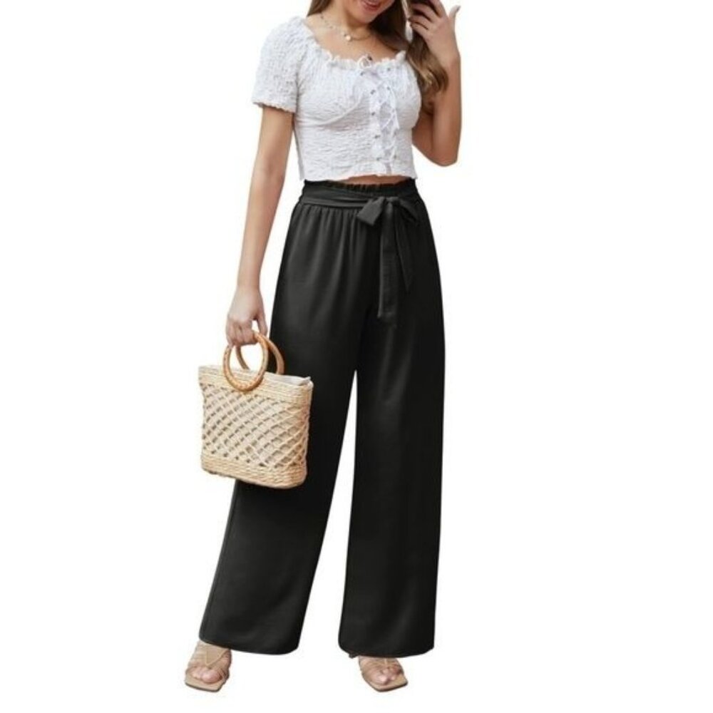 Womens Black Wide-Leg Elastic Waist Pants W/ Tie Belt XXL Linen Blend
